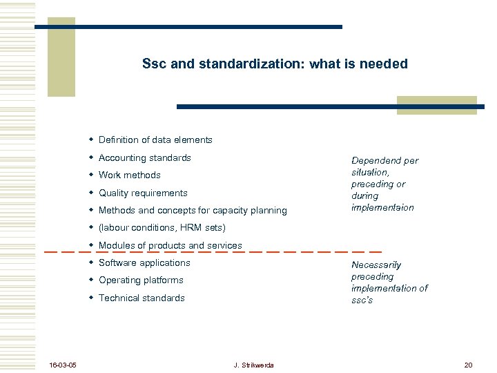 Ssc and standardization: what is needed w Definition of data elements w Accounting standards