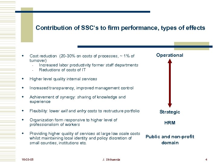 Contribution of SSC’s to firm performance, types of effects w Cost reduction (20 -30%