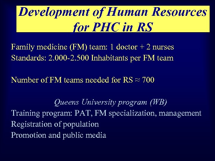 Development of Human Resources for PHC in RS Family medicine (FM) team: 1 doctor
