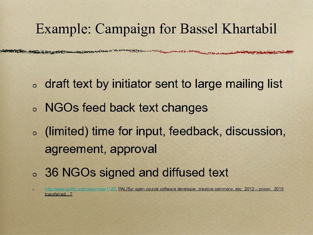 Example: Campaign for Bassel Khartabil draft text by initiator sent to large mailing list
