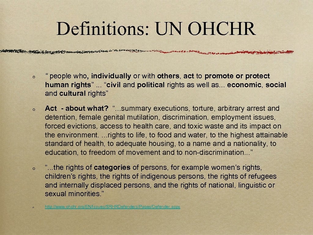 Definitions: UN OHCHR “ people who, individually or with others, act to promote or