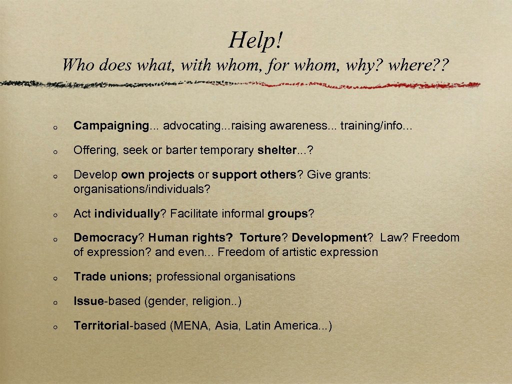 Help! Who does what, with whom, for whom, why? where? ? Campaigning. . .