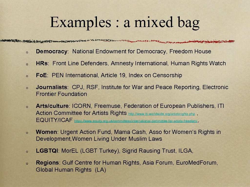 Examples : a mixed bag Democracy: National Endowment for Democracy, Freedom House HRs: Front