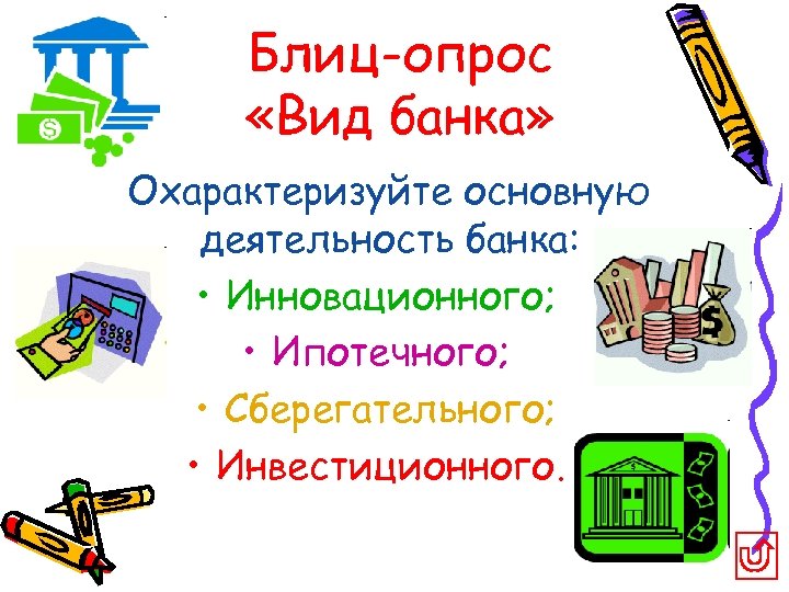 Блиц-опрос «Вид банка» Охарактеризуйте основную деятельность банка: • Инновационного; • Ипотечного; • Сберегательного; •