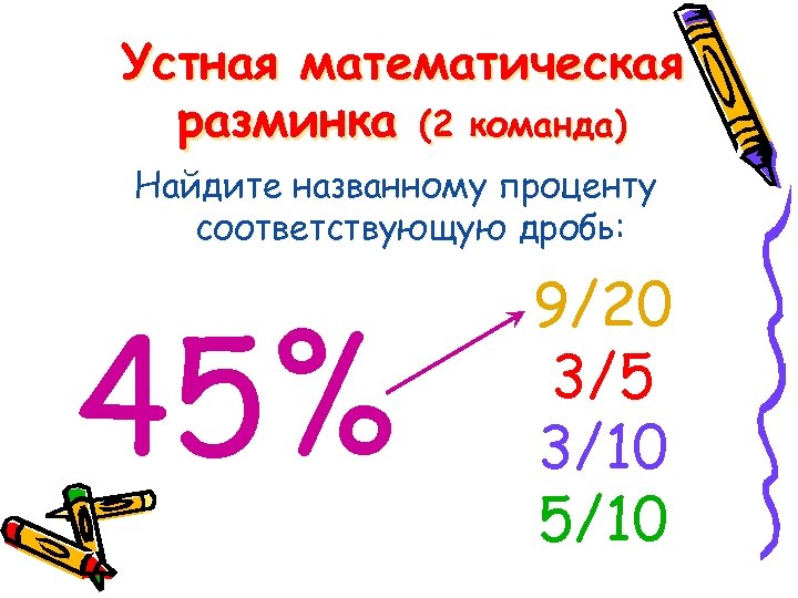 Устная математическая разминка (2 команда) Найдите названному проценту соответствующую дробь: 45% 9/20 3/5 3/10
