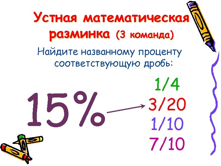 Устная математическая разминка (3 команда) Найдите названному проценту соответствующую дробь: 15% 1/4 3/20 1/10
