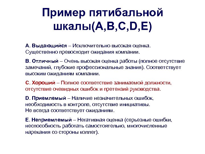 Пример пятибальной шкалы(A, B, C, D, E) А. Выдающийся – Исключительно высокая оценка. Существенно