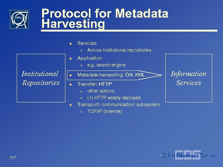 Protocol for Metadata Harvesting u Services v u Application v Institutional Repositories e. g.