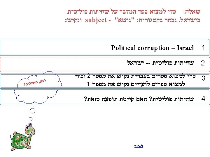  שאלה: כדי למצוא ספר המדבר על שחיתות פוליטית בישראל. נבחר בקטגוריה: "נושא" -