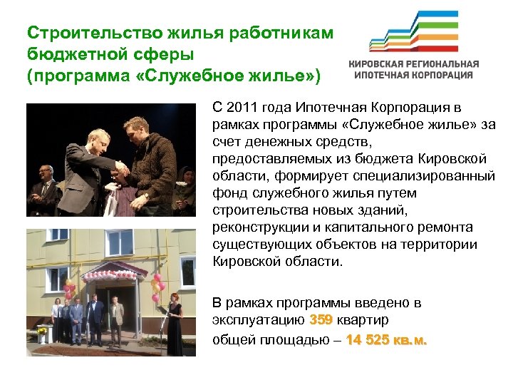 Строительство жилья работникам бюджетной сферы (программа «Служебное жилье» ) С 2011 года Ипотечная Корпорация