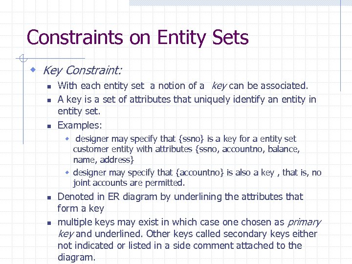 Constraints on Entity Sets w Key Constraint: n n n With each entity set