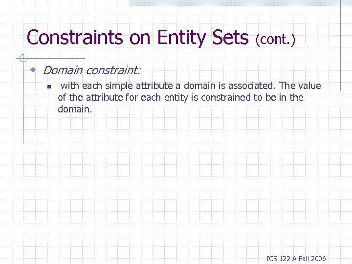 Constraints on Entity Sets (cont. ) w Domain constraint: n with each simple attribute