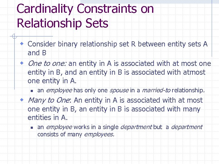 Cardinality Constraints on Relationship Sets w Consider binary relationship set R between entity sets