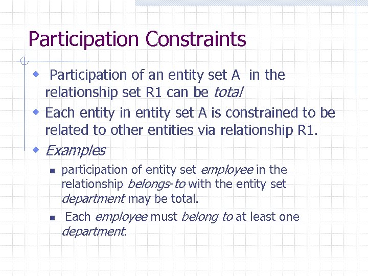Participation Constraints w Participation of an entity set A in the relationship set R