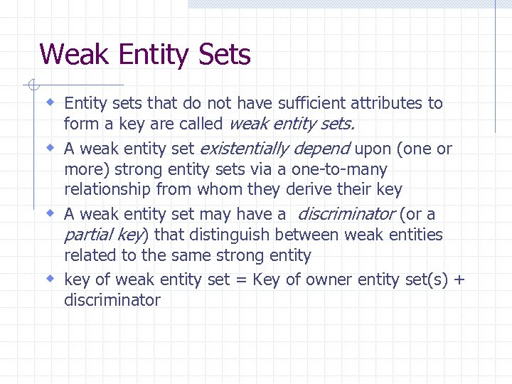 Weak Entity Sets w Entity sets that do not have sufficient attributes to form
