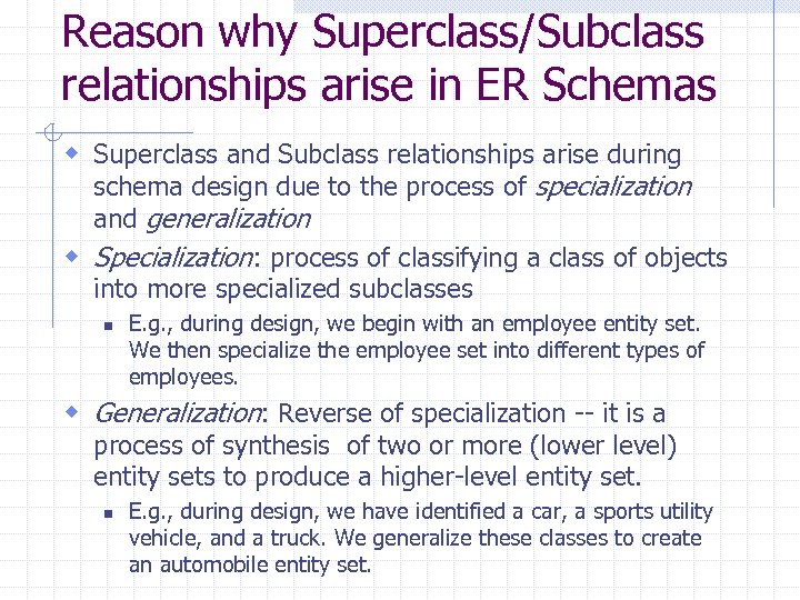 Reason why Superclass/Subclass relationships arise in ER Schemas w Superclass and Subclass relationships arise