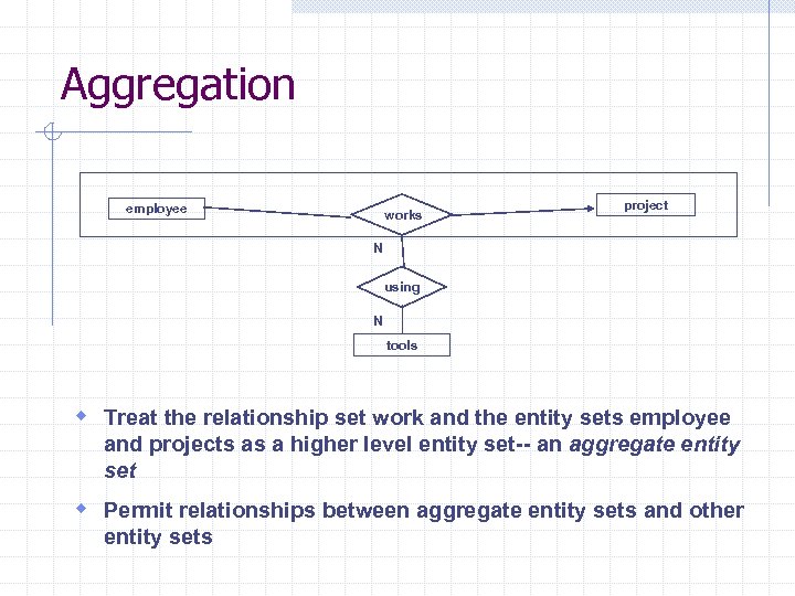 Aggregation employee works project N using N tools w Treat the relationship set work