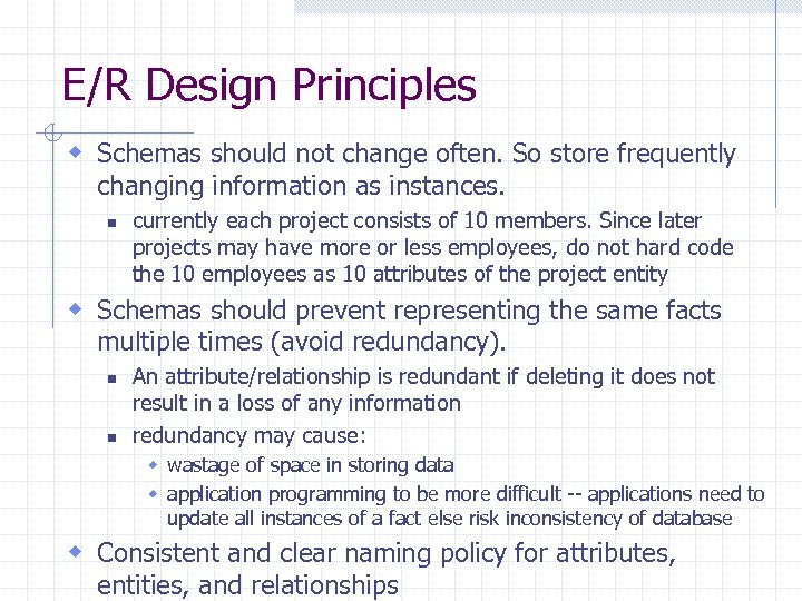 E/R Design Principles w Schemas should not change often. So store frequently changing information