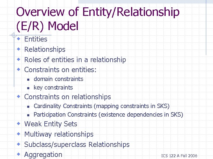 Overview of Entity/Relationship (E/R) Model w w Entities Relationships Roles of entities in a