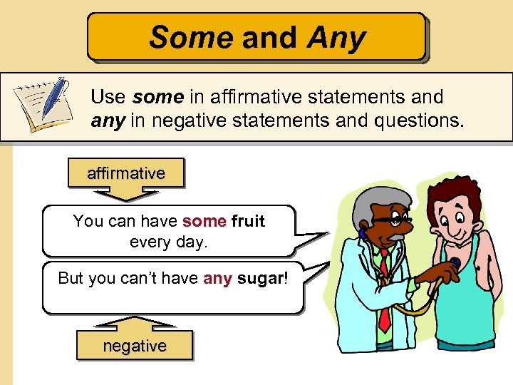 Some and Any Use some in affirmative statements and any in negative statements and