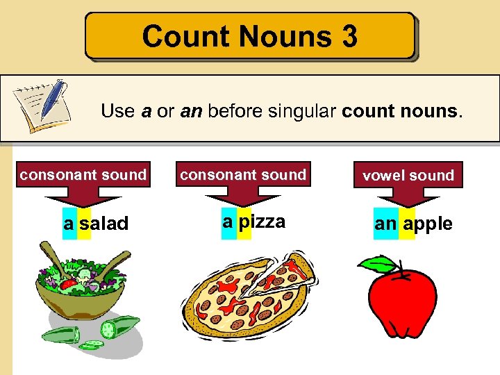 Count Nouns 3 Use a or an before singular count nouns. consonant sound a