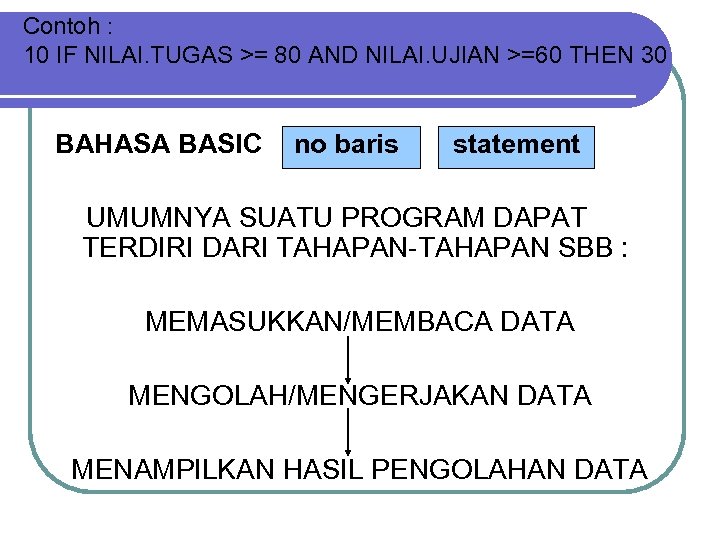 Contoh : 10 IF NILAI. TUGAS >= 80 AND NILAI. UJIAN >=60 THEN 30