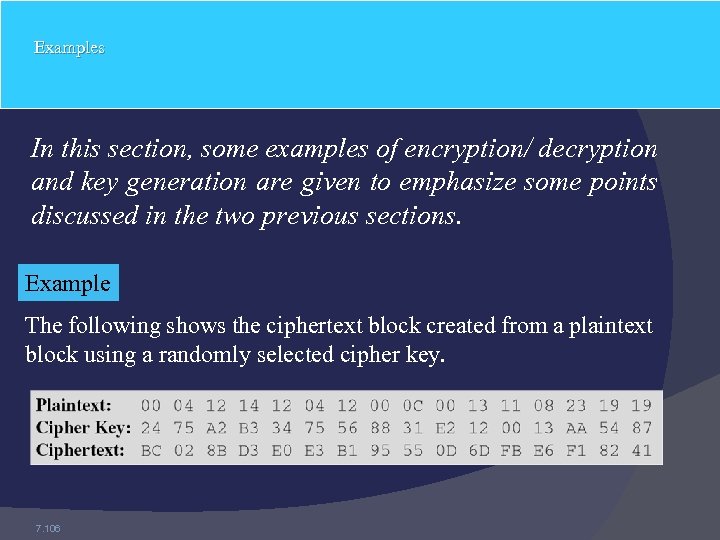 Examples In this section, some examples of encryption/ decryption and key generation are given