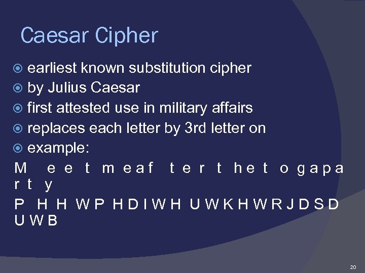 Caesar Cipher earliest known substitution cipher by Julius Caesar first attested use in military