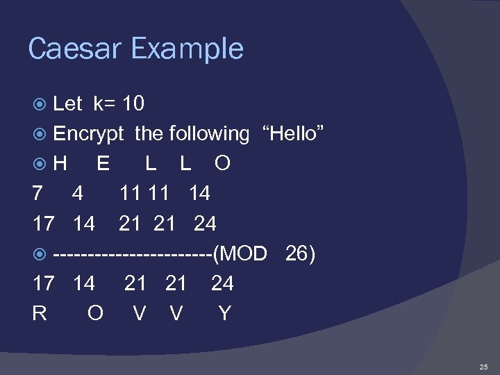 Caesar Example Let k= 10 Encrypt the following “Hello” H E L L O