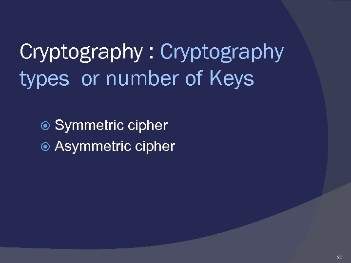 Cryptography : Cryptography types or number of Keys Symmetric cipher Asymmetric cipher 36 