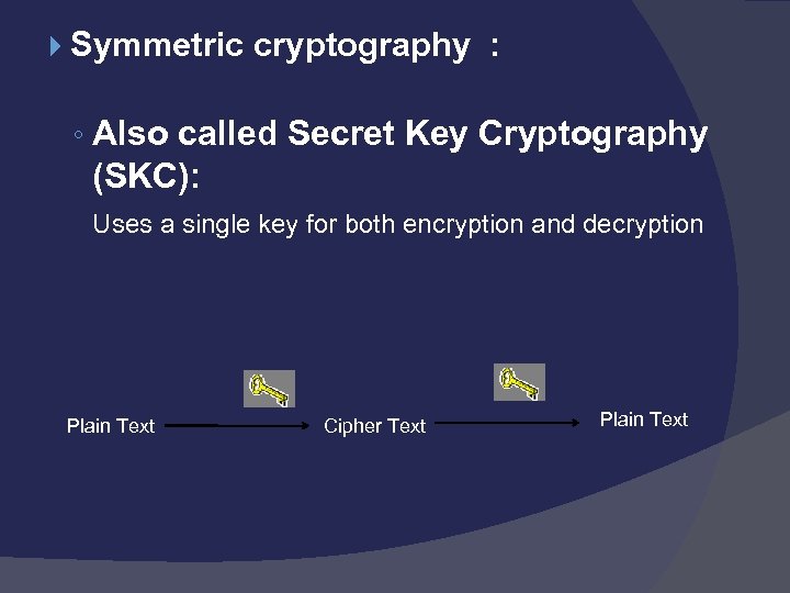  Symmetric cryptography : ◦ Also called Secret Key Cryptography (SKC): Uses a single