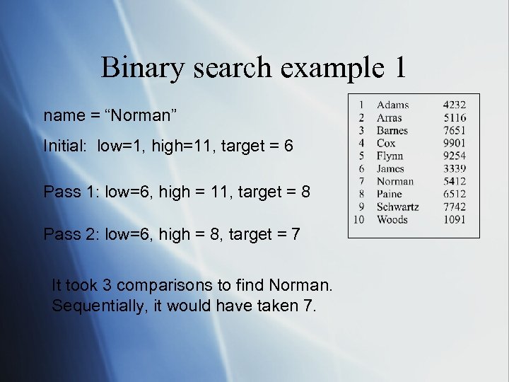 Binary search example 1 name = “Norman” Initial: low=1, high=11, target = 6 Pass