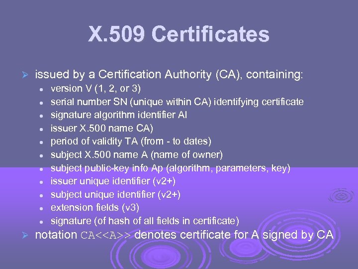 X. 509 Certificates issued by a Certification Authority (CA), containing: version V (1, 2,