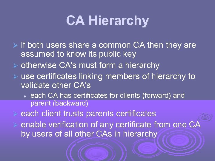 CA Hierarchy if both users share a common CA then they are assumed to