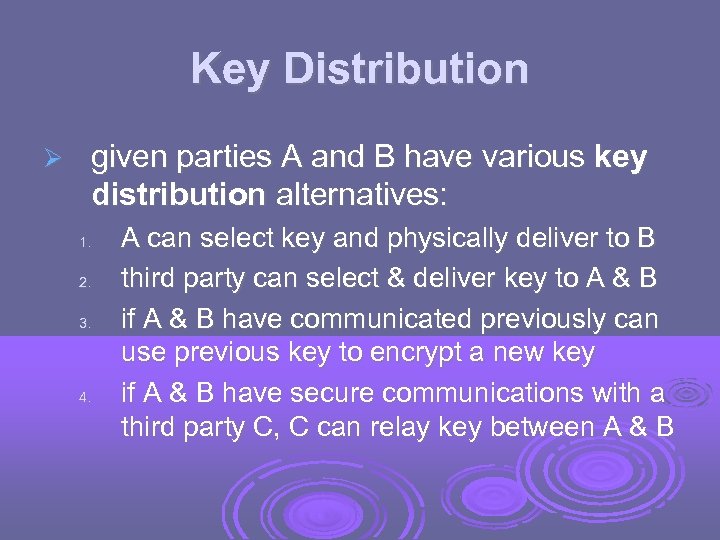 Key Distribution given parties A and B have various key distribution alternatives: 1. 2.