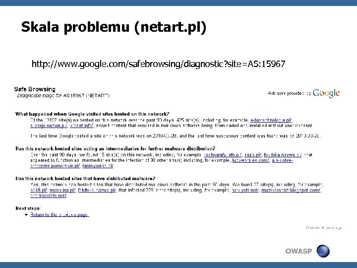 Skala problemu (netart. pl) http: //www. google. com/safebrowsing/diagnostic? site=AS: 15967 OWASP 