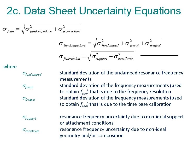 2 c. Data Sheet Uncertainty Equations where fundamped fresol freqcal support cantilever standard deviation