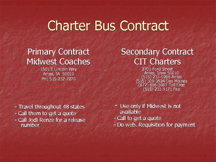 Charter Bus Contract Primary Contract Midwest Coaches 1501 E Lincoln Way Ames, IA 50010