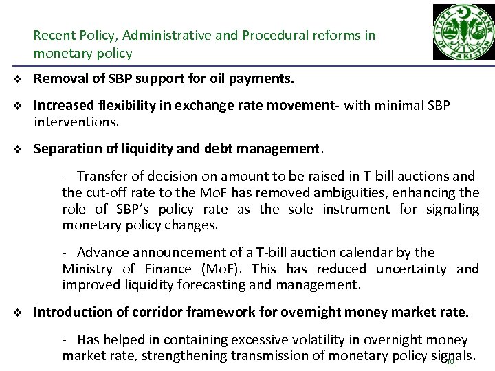 Recent Policy, Administrative and Procedural reforms in monetary policy v Removal of SBP support