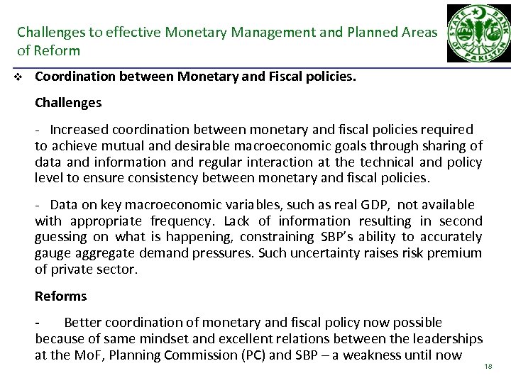 Challenges to effective Monetary Management and Planned Areas of Reform v Coordination between Monetary