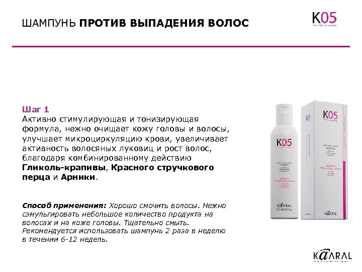 ШАМПУНЬ ПРОТИВ ВЫПАДЕНИЯ ВОЛОС Шаг 1 Активно стимулирующая и тонизирующая формула, нежно очищает кожу