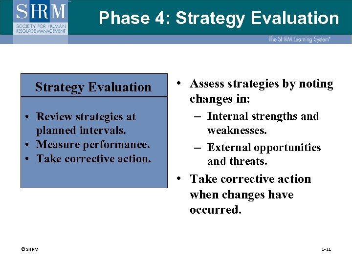 Phase 4: Strategy Evaluation • Review strategies at planned intervals. • Measure performance. •