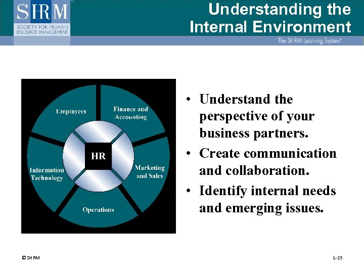 Understanding the Internal Environment • Understand the perspective of your business partners. • Create