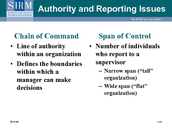 Authority and Reporting Issues Chain of Command Span of Control • Line of authority