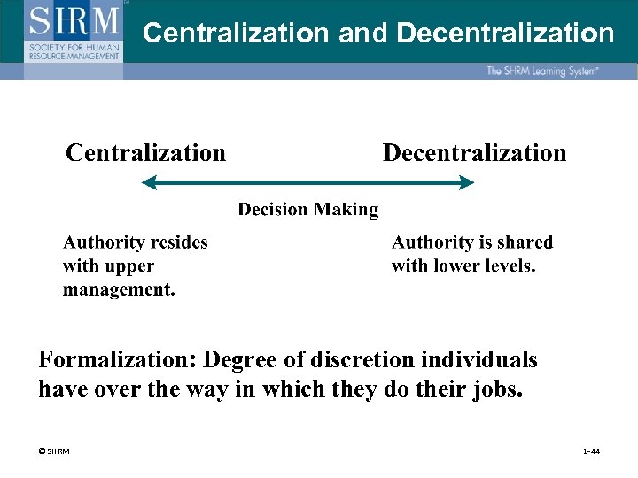 Centralization and Decentralization Formalization: Degree of discretion individuals have over the way in which