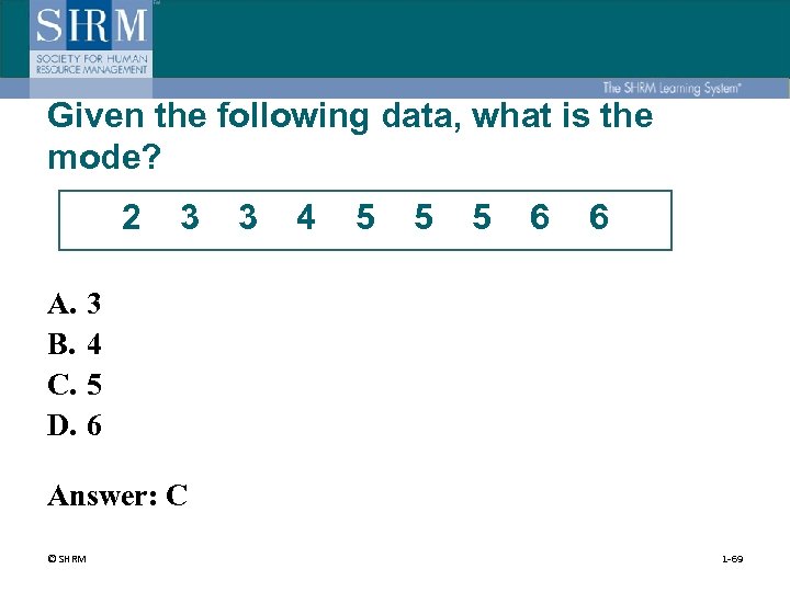 Given the following data, what is the mode? 2 A. B. C. D. 3