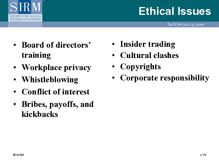Ethical Issues • Board of directors’ training • Workplace privacy • Whistleblowing • Conflict