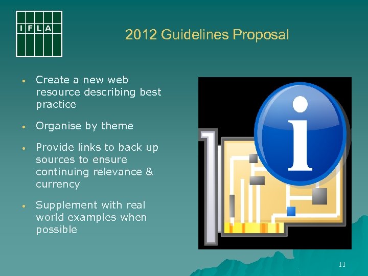 2012 Guidelines Proposal • Create a new web resource describing best practice • Organise