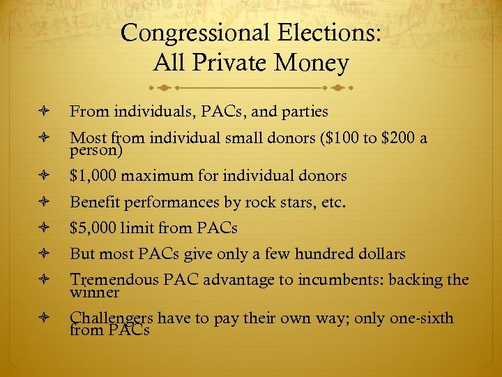 Congressional Elections: All Private Money From individuals, PACs, and parties Most from individual small