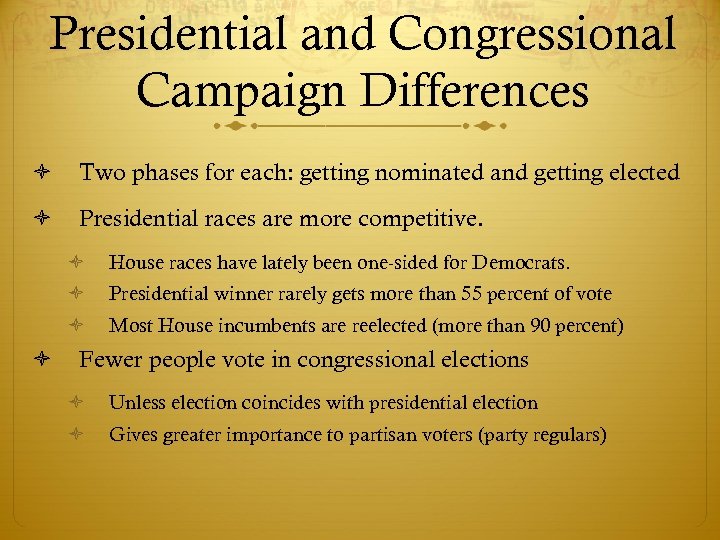 Presidential and Congressional Campaign Differences Two phases for each: getting nominated and getting elected